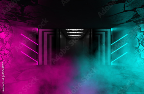Background of empty room with concrete walls, tile. Open the elevator doors. Neon light, spotlight, laser shapes, smoke