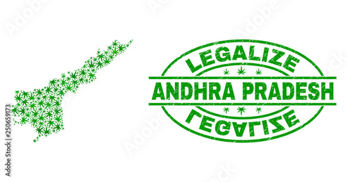Vector marijuana Andhra Pradesh State map collage and grunge textured Legalize stamp seal. Concept with green weed leaves. Concept for cannabis legalize campaign.