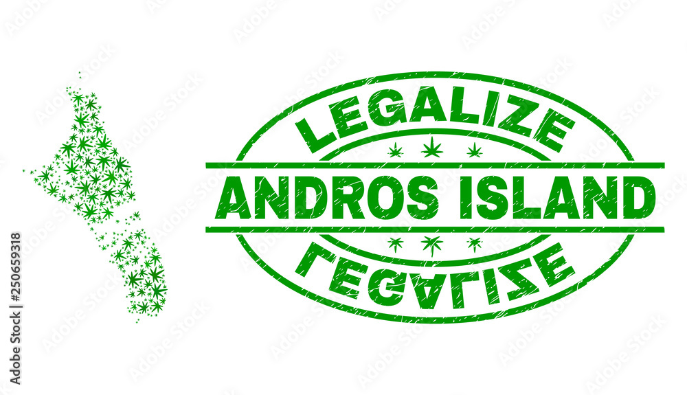 Vector cannabis Andros Island of Bahamas map mosaic and grunge textured Legalize stamp seal. Concept with green weed leaves. Concept for cannabis legalize campaign.
