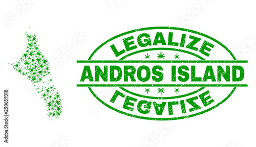 Vector cannabis Andros Island of Bahamas map mosaic and grunge textured Legalize stamp seal. Concept with green weed leaves. Concept for cannabis legalize campaign.