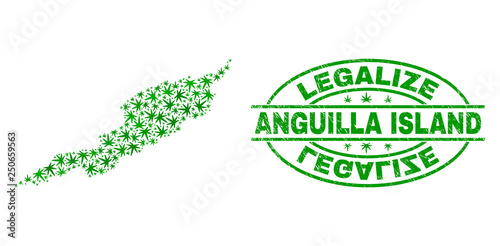 Vector marijuana Anguilla Island map mosaic and grunge textured Legalize stamp seal. Concept with green weed leaves. Concept for cannabis legalize campaign.