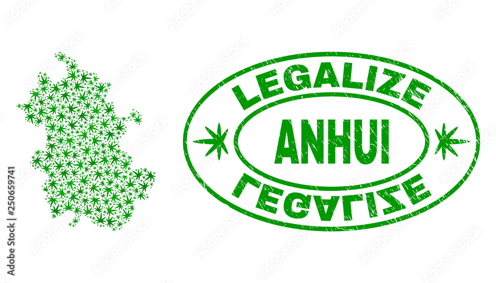 Vector cannabis Anhui Province map mosaic and grunge textured Legalize stamp seal. Concept with green weed leaves. Concept for cannabis legalize campaign.