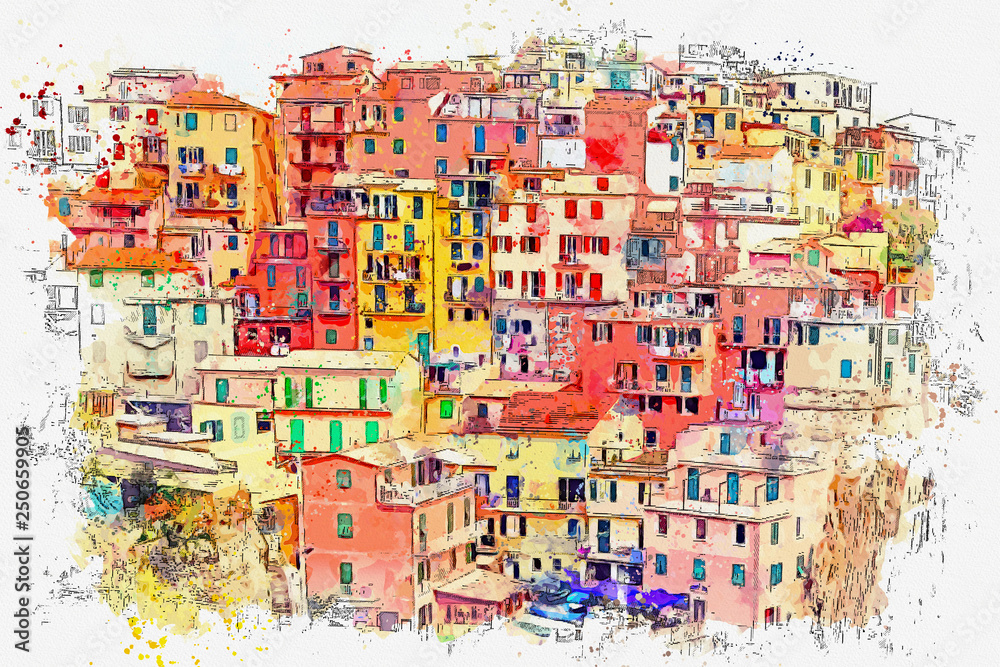 Watercolor sketch or illustration of a beautiful view of the colorful houses in Manarola - a small town in Italy, which is located on the rock near the sea