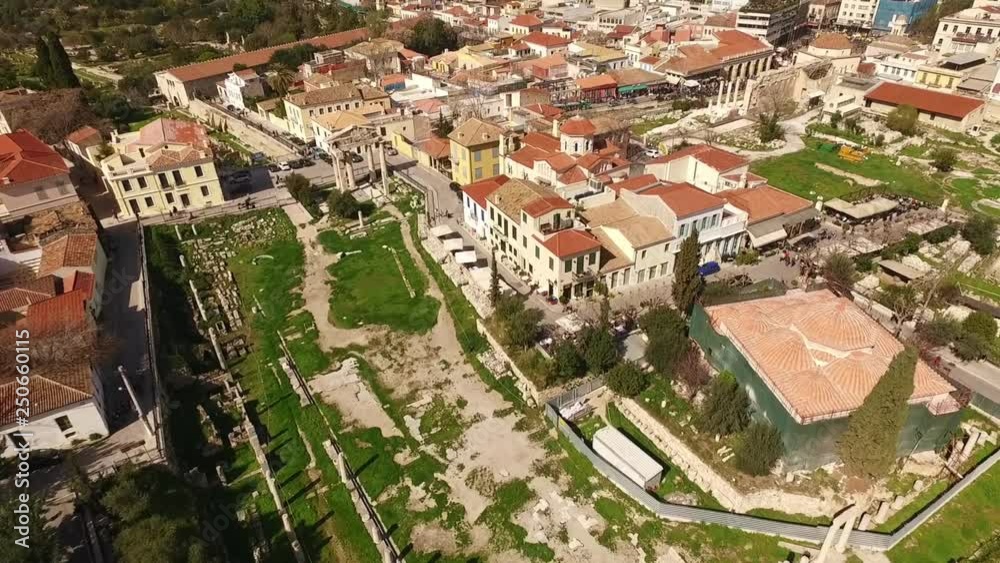 Aerial birds eye view video taken by drone of iconic archaeological sites in Plaka district, Athens historic center, Attica, Greece Aerial birds eye view video taken by drone of iconic archaeological sites in Plaka district, Athens historic center, Attica, Greece