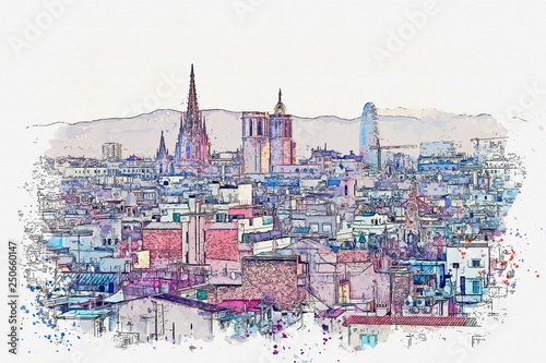 Watercolor sketch or illustration of a beautiful panoramic view of Barcelona in Spain. Traditional European architecture