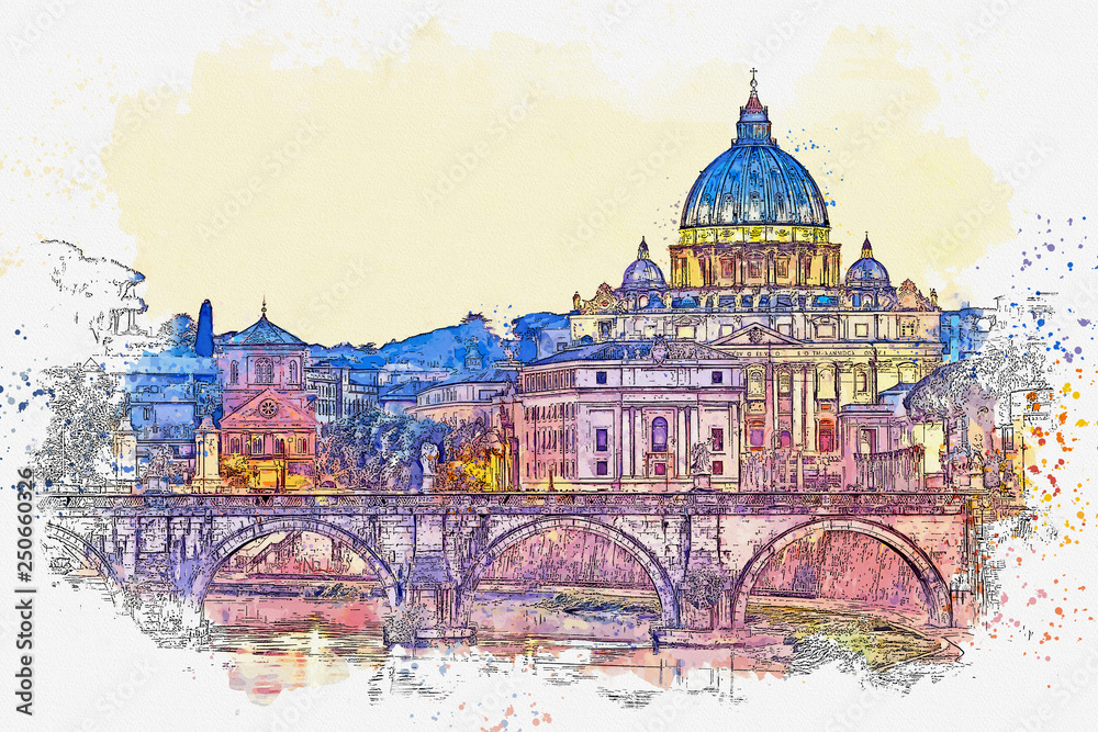 Watercolor sketch or illustration of a beautiful night view at St. Peter's cathedral in Rome in Italy