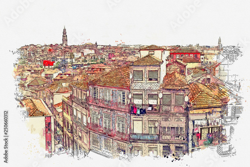 Watercolor sketch or illustration of the beautiful view of Porto in Portugal. Cityscape or urban skyline