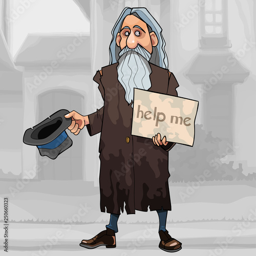 cartoon homeless gray haired man begs for alms on the street