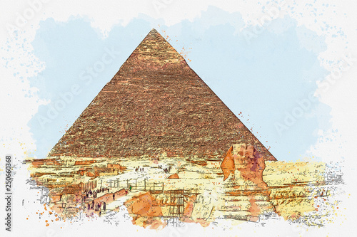 Watercolor sketch or illustration of a beautiful view of the ancient Egyptian pyramid of Cheops and Sphinx
