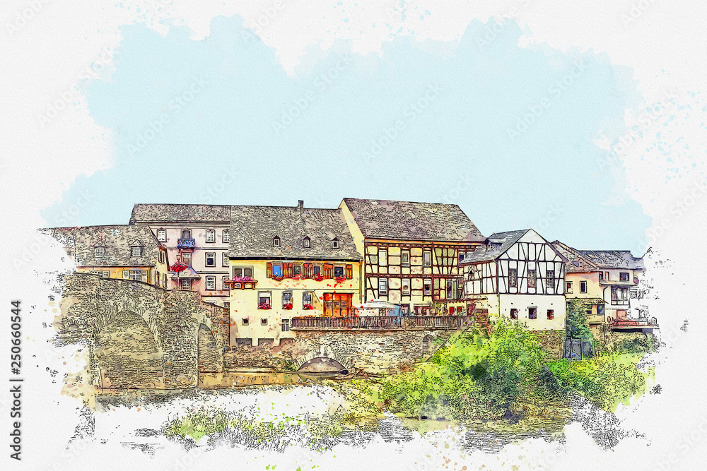 Obraz premium Watercolor sketch or illustration of a beautiful view of traditional architecture or houses in Germany