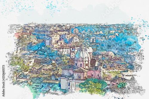 Canvas Print Watercolor sketch or illustration of a beautiful panoramic view of Rome in Italy