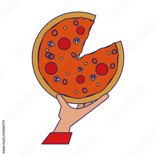 Hand grabbing pizza blue lines