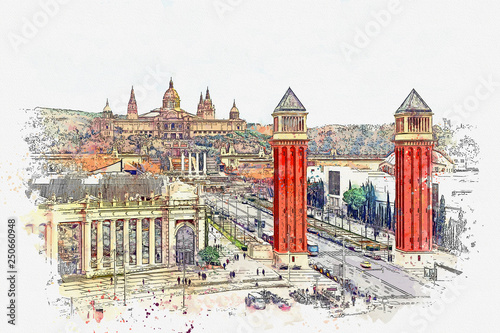 Watercolor sketch or illustration of a beautiful view of the architecture of Barcelona in Spain, including the National Museum of Art of Catalonia