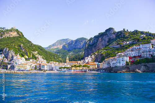 View from the sea on the cozy and cute town Amalfi, Italy. 