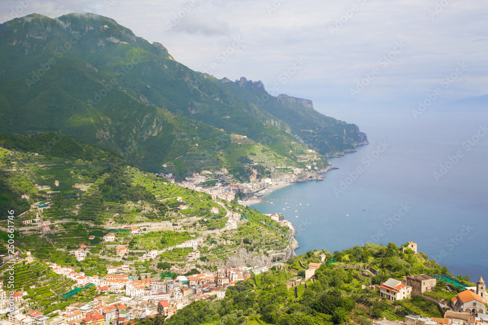 View from the top on cozy and cute town on the Amalfi Coast, Italy.