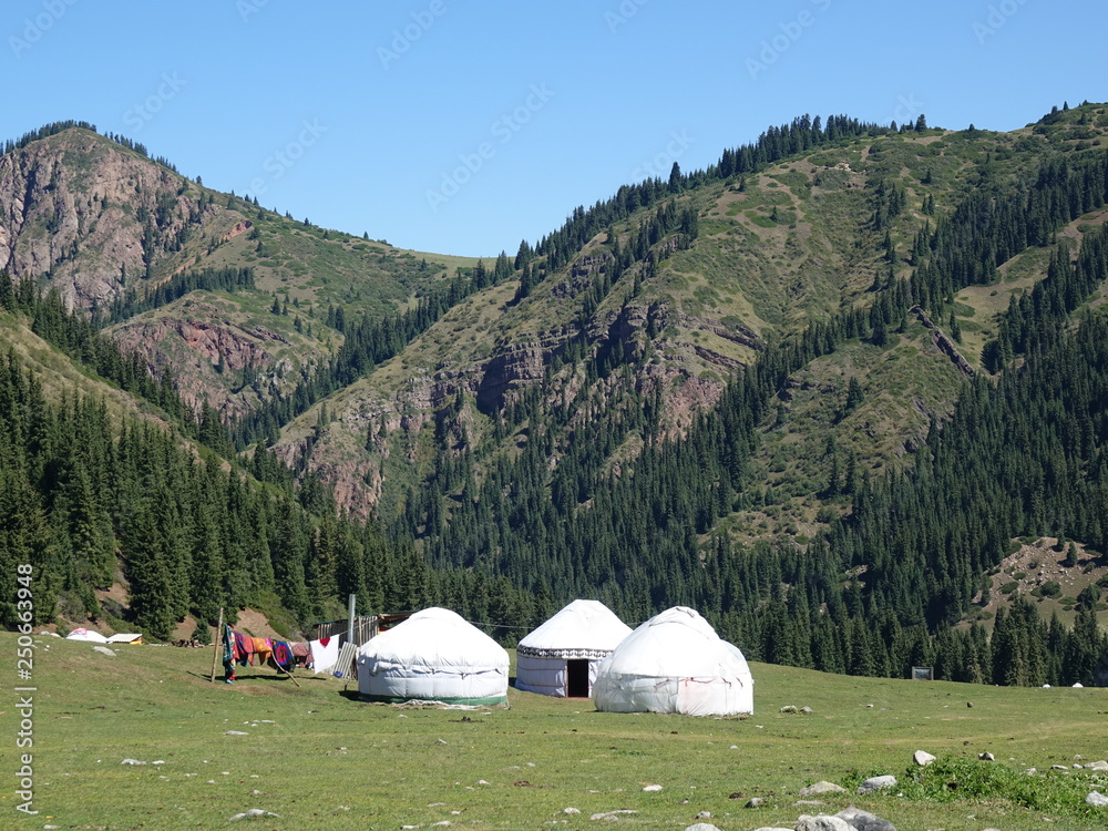 Yurts in Dzhety-Oguz gorge Terskei Alatau Kyrgyzstan. August 2018.