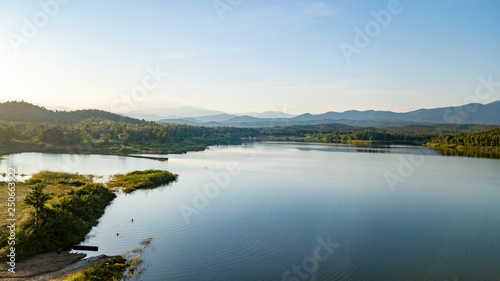 Pong Chor Reservoir in Mae Wang National Park Chiang Mai  Thailand. Photo in aerial view by drone with beautiful nature.  Abstract of peaceful  peace wallpaper background.