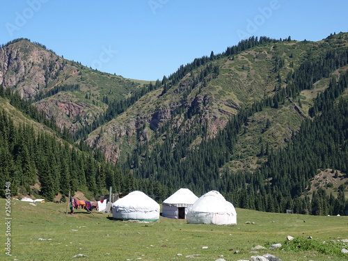 Yurts in Dzhety-Oguz gorge Terskei Alatau Kyrgyzstan. August 2018.