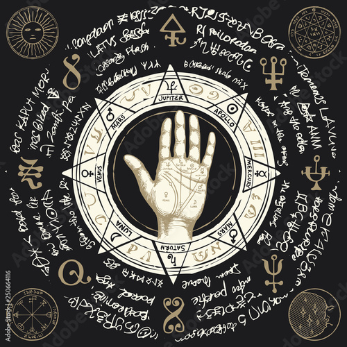 Vector illustration with chiromancy hand, ancient hieroglyphs, medieval runes, spiritual symbols. Palmistry map on open palm with signs of the planets. Divination and prediction of the future
