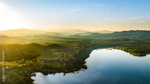 Pong Chor Reservoir in Mae Wang National Park Chiang Mai, Thailand. Photo in aerial view by drone with beautiful nature. Abstract of peaceful, peace wallpaper background.