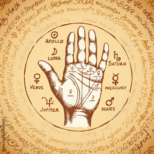 Vector illustration with chiromancy hand, ancient hieroglyphs, medieval runes, spiritual symbols. Palmistry map on open palm with signs of the planets. Divination and prediction of the future