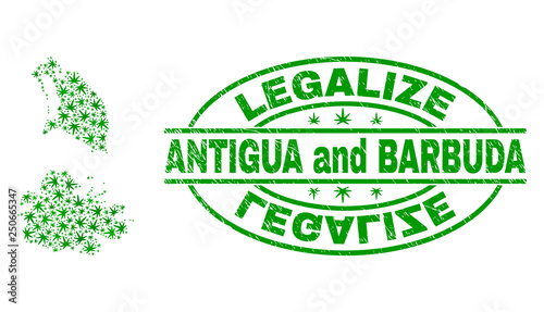 Vector cannabis Antigua and Barbuda map collage and grunge textured Legalize stamp seal. Concept with green weed leaves. Concept for cannabis legalize campaign.