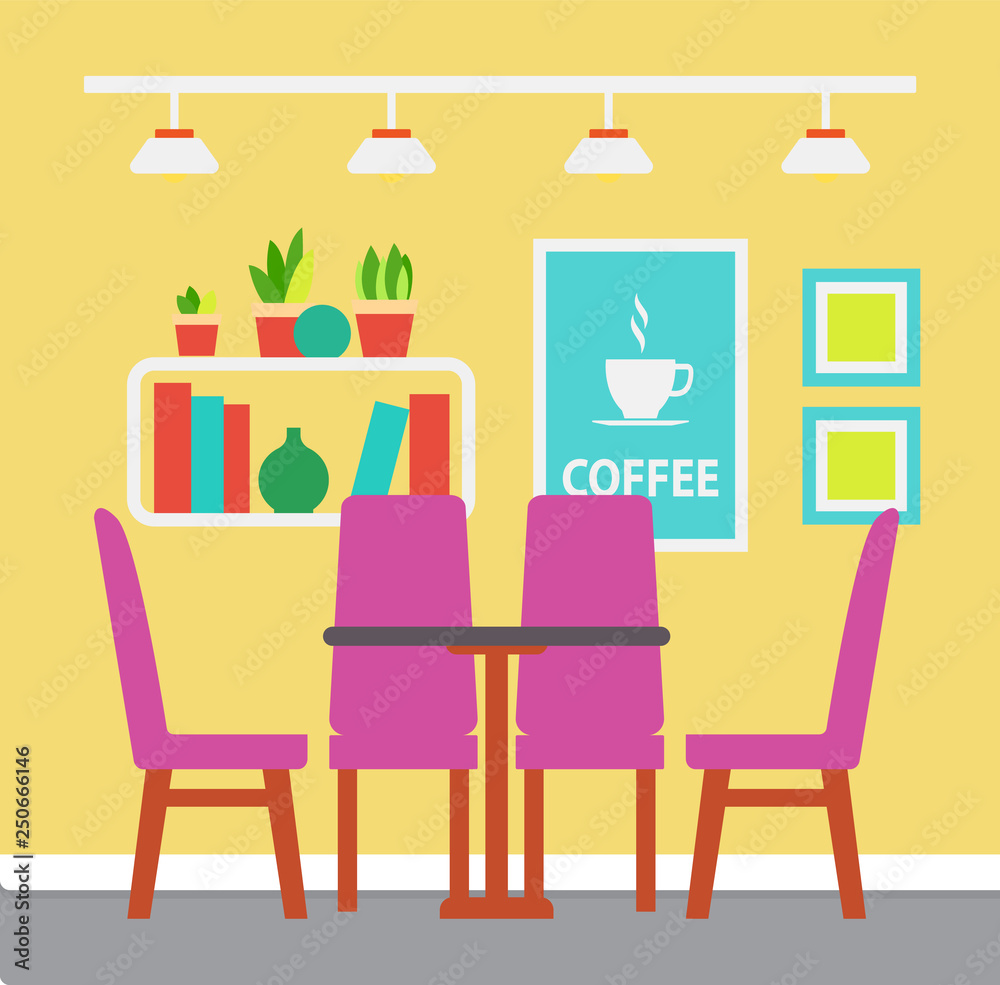 Interior of room, accommodation decorated with picture, bookshelf with plants, table with purple chairs and chandelier. Colorful design of placement vector