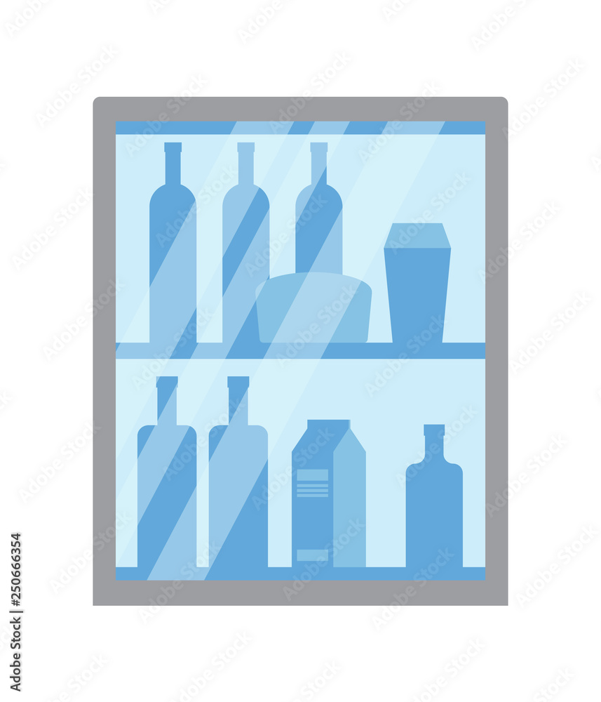 Refrigerator with bottles and packages vector. Isolated icon of fridge with arranged products placed on row. Beverage milk and juice packs, drinks Refrigerator with bottles and packages vector. Isolated icon of fridge with arranged products placed on row. Beverage milk and juice packs, drinks