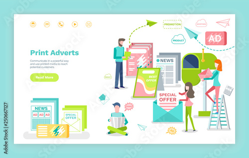 Marketing and promotion, print adverts web page or site vector. Newspaper and leaflets, post messages and journals, commercial landing page flat style