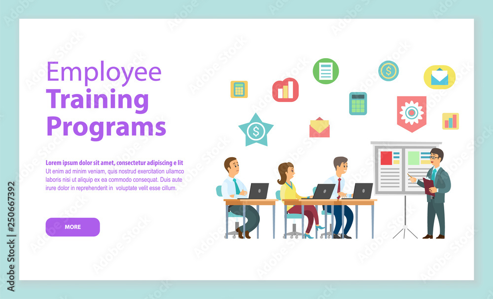 Employee training programs website, workers sitting at table with laptop and listening man near board, teamwork discussing, portrait view of people vector
