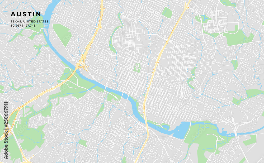 Naklejka premium Drukowa mapa miasta Austin w Teksasie