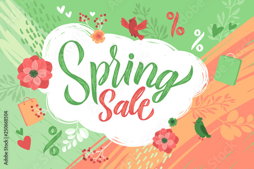 Spring. Trendy script lettering design Spring Sale. - Vector illustration.