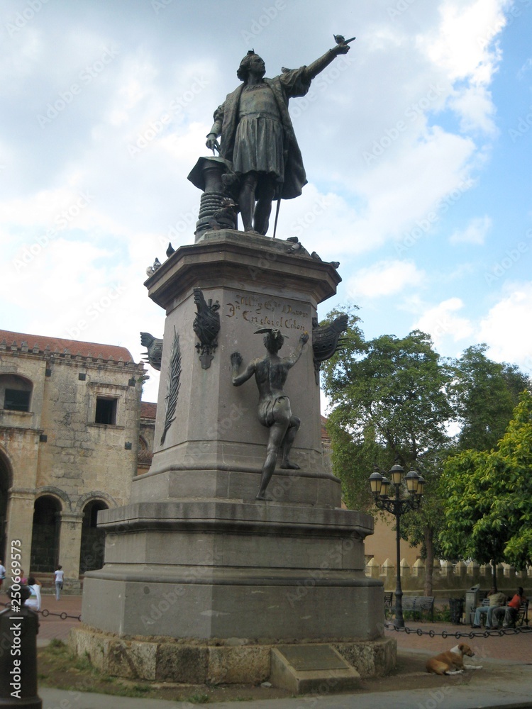 Statue of Christopher Columbus in Plaza Colon Santo Domingo. Dominican Republic.