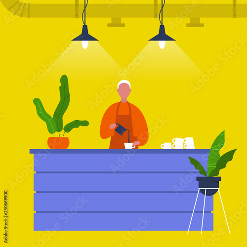 Young male barista pouring coffee at the bar counter
