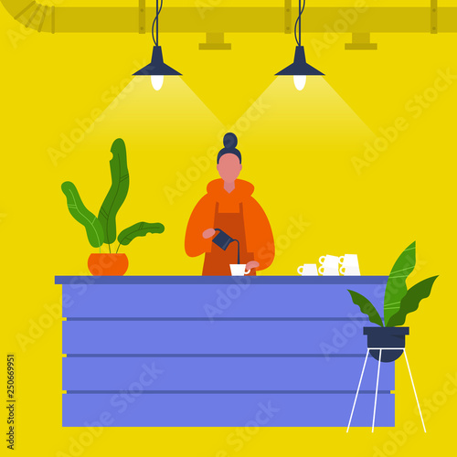 Young female barista pouring coffee at the bar counter. Cafe. Loft interior. Modern lifestyle. Flat editable vector illustration, clip art