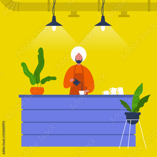 Young indian male barista pouring coffee at the bar counter. Cafe. Loft interior. Modern lifestyle. Flat editable vector illustration, clip art