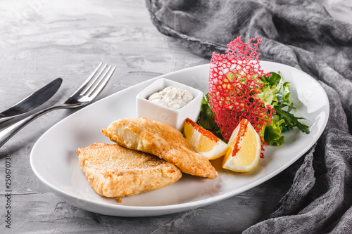 Fried fish fillet with salad and lemon in plate over rustic background. Hot fish dish