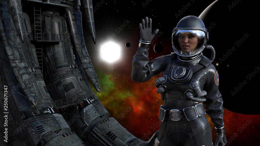 Fototapeta premium Illustration of a female astronaut in space next to an alien derelict waving with a sun, planet and red nebula in the background.