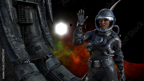 Illustration of a female astronaut in space next to an alien derelict waving with a sun  planet and red  nebula in the background.