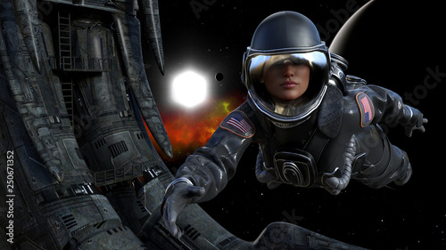 Fototapeta Naklejka Na Ścianę i Meble -  Illustration of female astronaut floating in space next to an alien derelict with a sun, planet and red  nebula in the background.