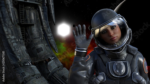 Fototapeta Naklejka Na Ścianę i Meble -  Illustration of a female astronaut in space next to an alien derelict waving with a sun, planet and red  nebula in the background.