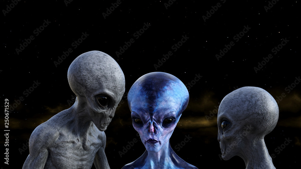 Illustration of two gray aliens studying a blue extraterrestrial in space with a nebula in the background. Illustration of two gray aliens studying a blue extraterrestrial in space with a nebula in the background.