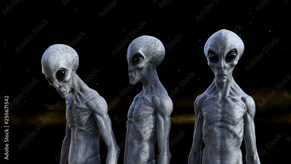 Illustration Of Three Gray Aliens In Space With A Dark Yellow Nebula In 