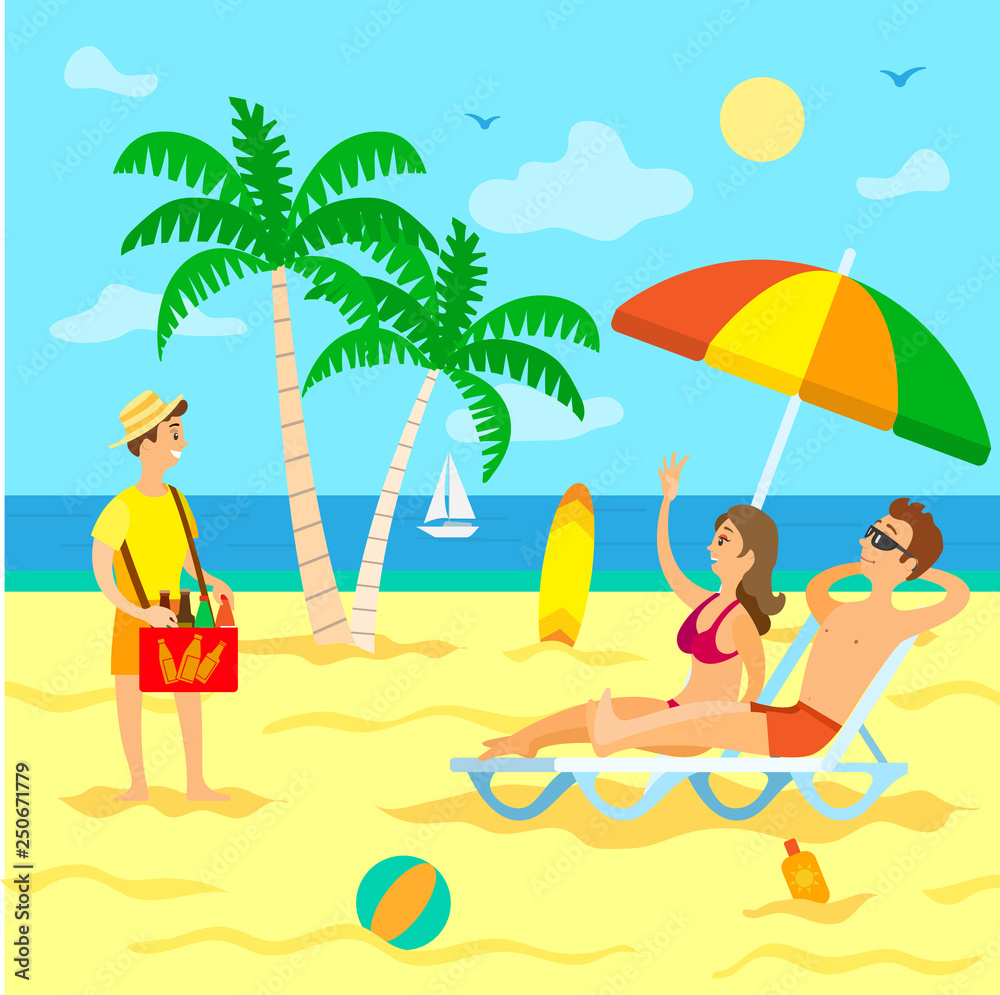 Exotic beach and sea shore, vacation and traveling vector. Couple on recliners under umbrella, palms and sailboat, cool drinks vendor, surfboard and ball
