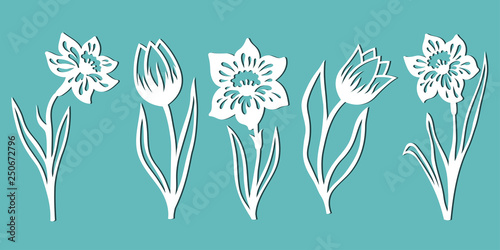 Tulip. Narcissus. A set of flowers for decoration. Templates for paper cutting, laser cutting and plotter. Vector illustration.