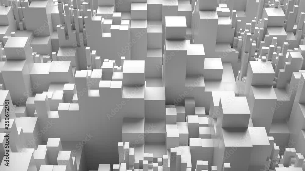 Loopable white grey 3d bright background with simple geometry shapes with different height. Elegant abstract reflective shapes.