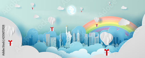 Paper art balloon gift of Panorama top world landmark city America travel.World famous countries America white paper cut style for travel holiday poster and postcard.Vector illustration pastel color