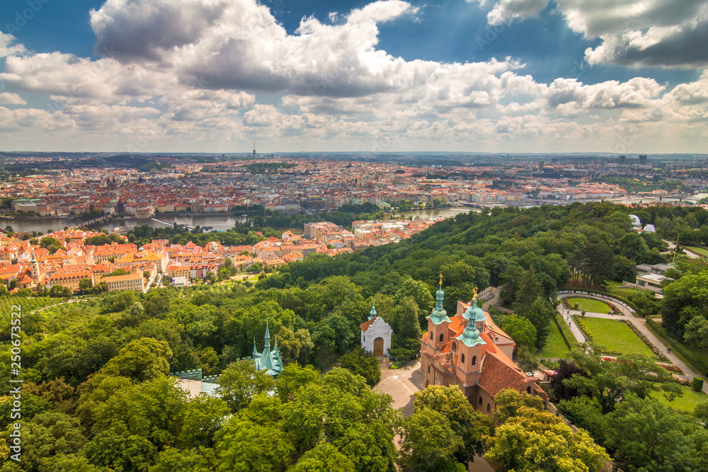 Skyline view of Prague from Petrin Hill, The Lesser Town with a surrounding area, Czech Republic, Europe.