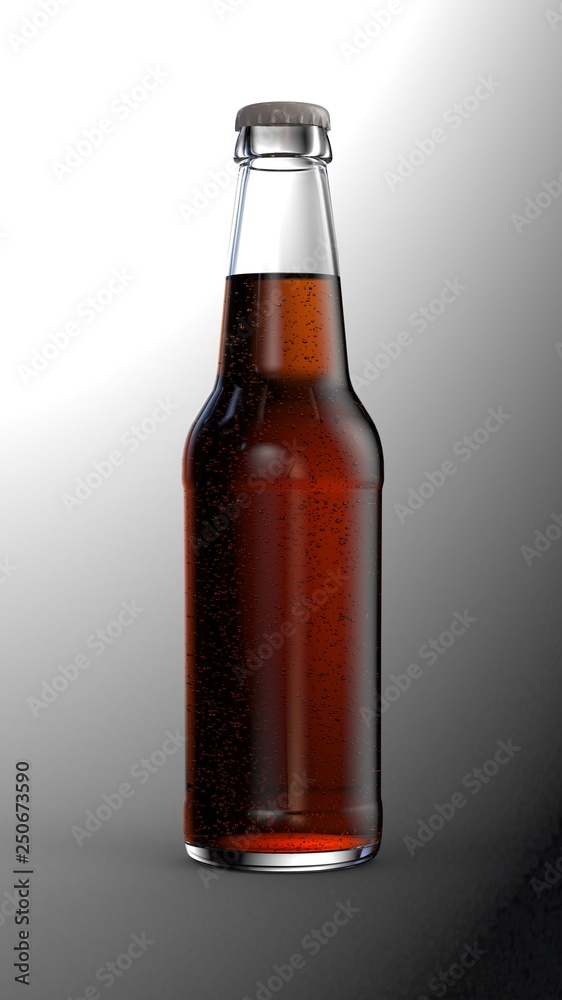 Transparent bottle with bubble brown liquid beer and white cap on gray background. 3D render Mockup Transparent bottle with bubble brown liquid beer and white cap on gray background. 3D render Mockup