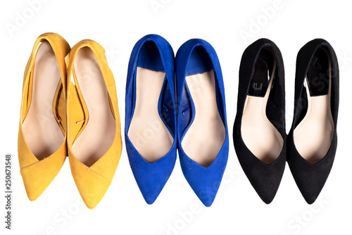 Fashionable Shoes on high Heels. Woman Shoes Isolated on the White Background, top view .